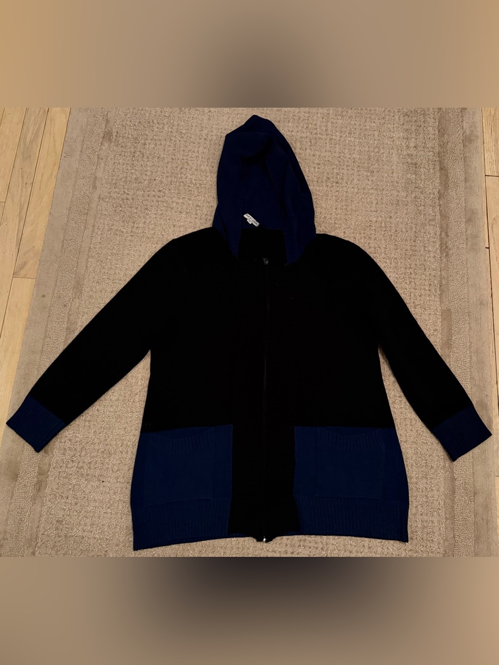 Ball of Cotton XL Hooded Zip Front Cardigan Sweater Black Blue Colorblock USA